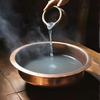 Rituel de désenvoûtement au plomb avec une bassine en cuivre, du plomb fondu formant des figures mystiques et des bougies allumées.