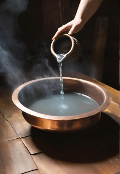 Rituel de désenvoûtement au plomb avec une bassine en cuivre, du plomb fondu formant des figures mystiques et des bougies allumées.