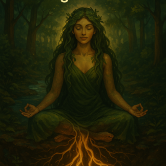 Illustration ésotérique d’une femme méditant dans la nature, entourée de racines lumineuses s’enfonçant dans la Terre Mère.