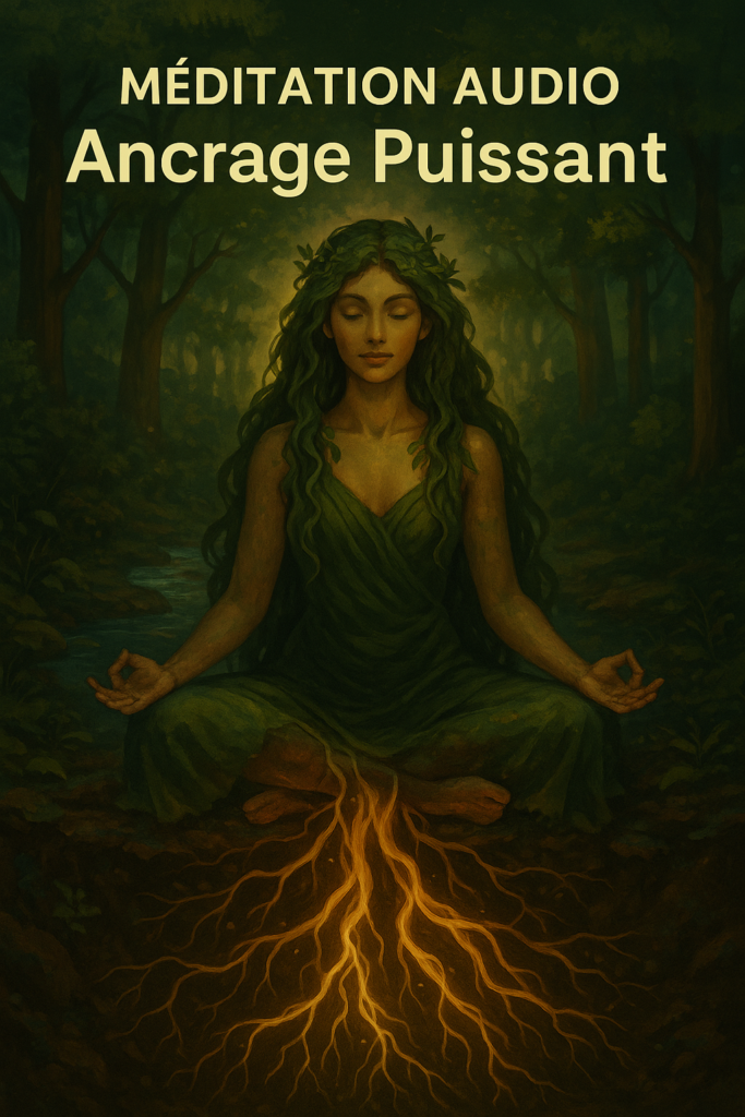 Illustration ésotérique d’une femme méditant dans la nature, entourée de racines lumineuses s’enfonçant dans la Terre Mère.